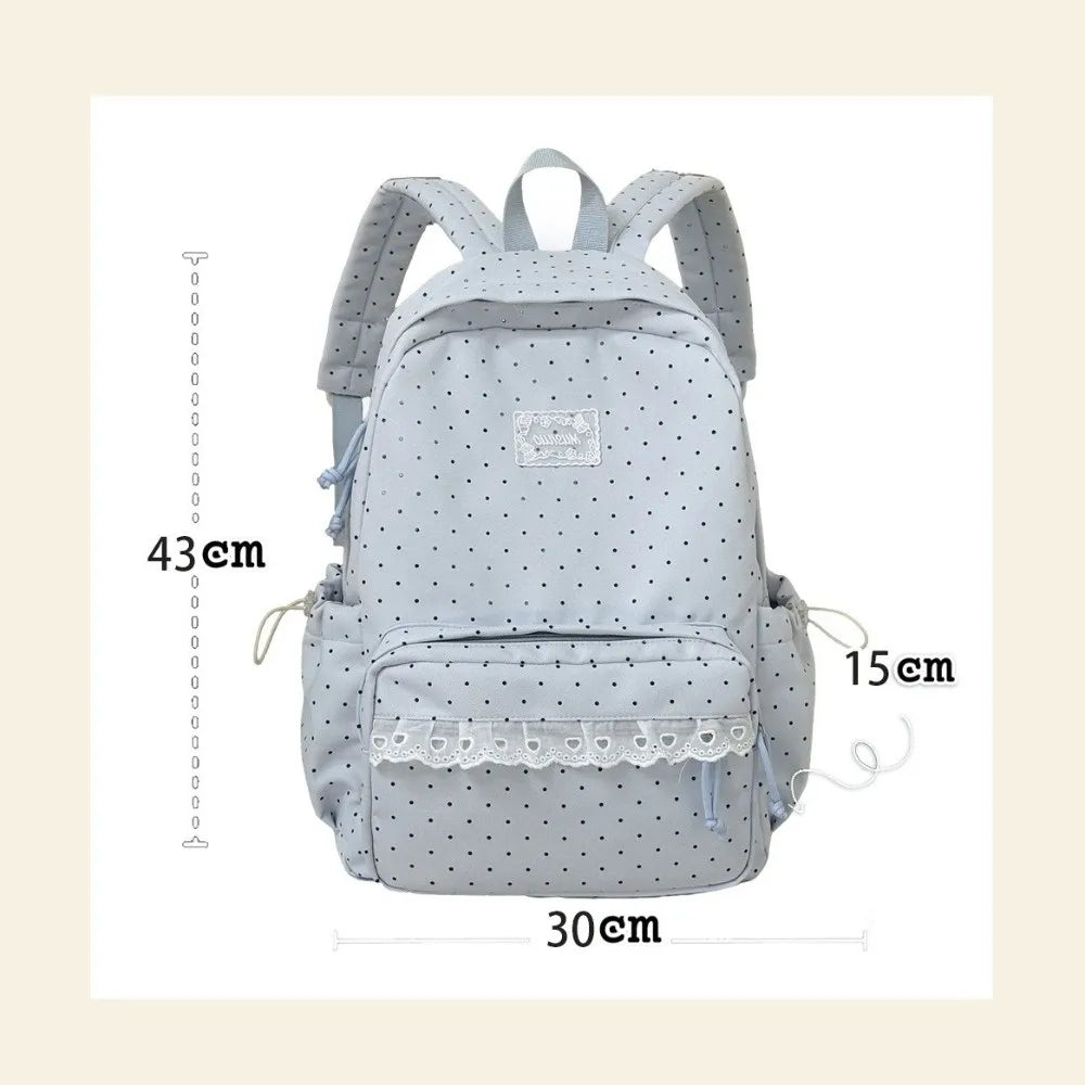 A light gray polka dot nylon travel backpack with a laptop compartment shown from the front.