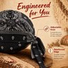 Black adjustable pirate style sports headband with reinforced edge shown on a wooden surface.