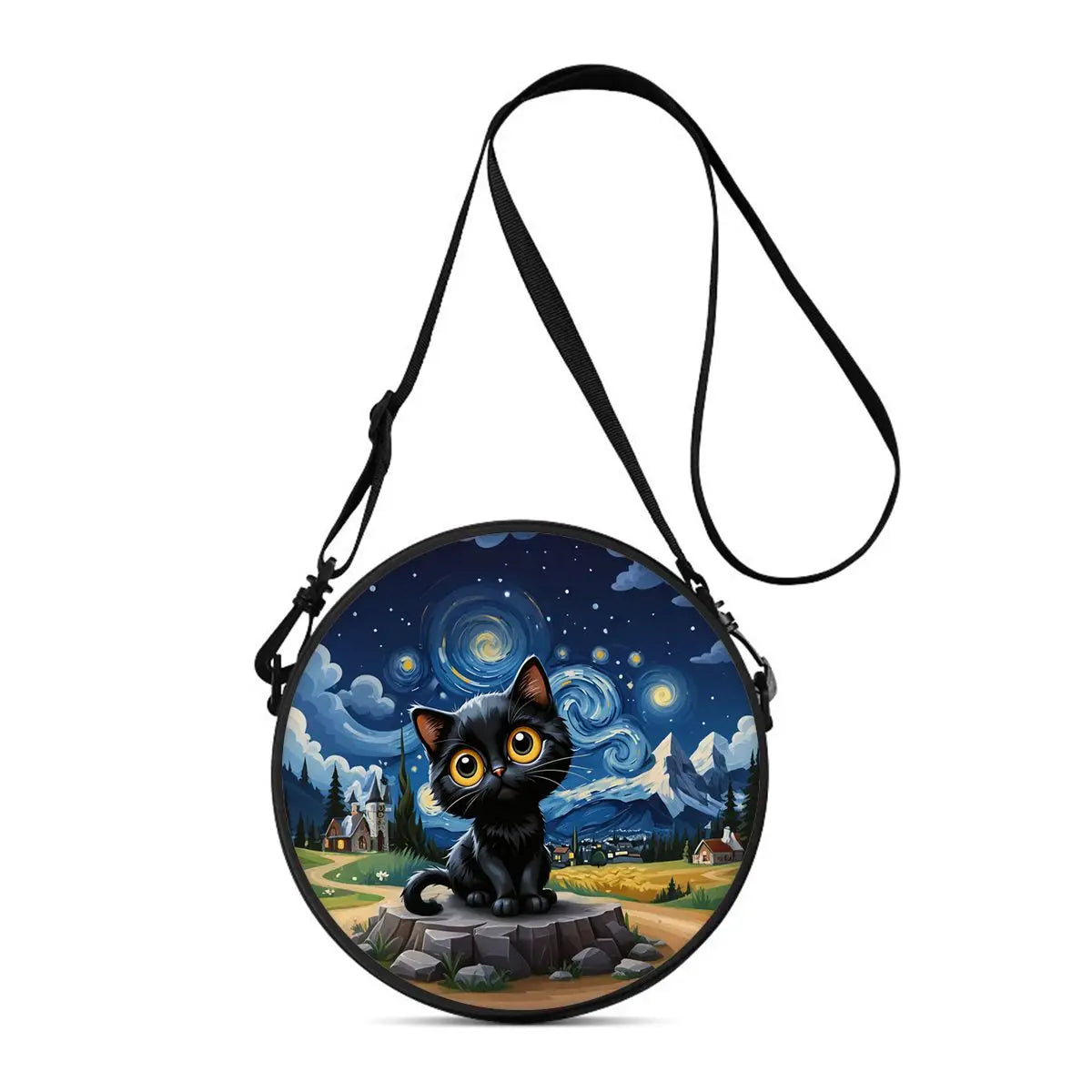 A cartoon black cat illustration on a round crossbody bag with a dark blue night sky and mountains.