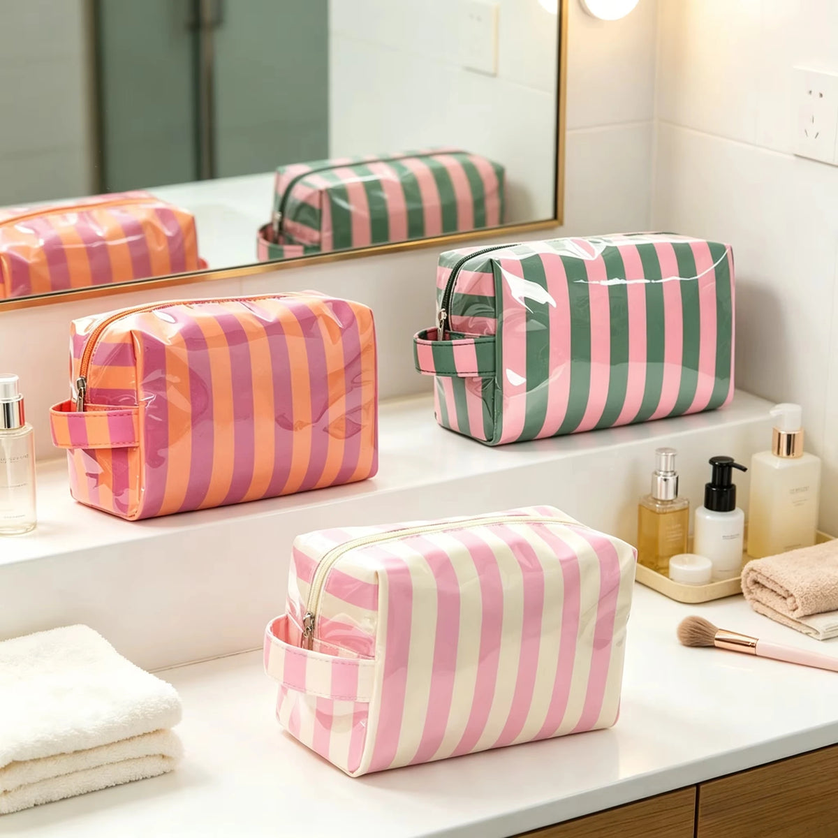 A collection of striped cosmetic bags in pink and green are displayed on a white counter.