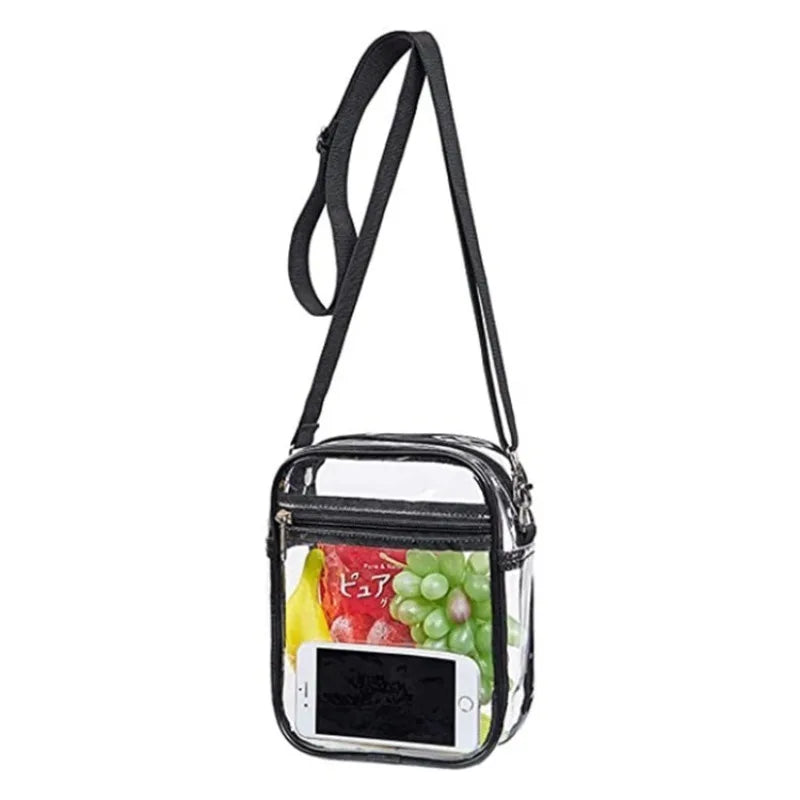 Clear transparent crossbody bag with a black adjustable strap.