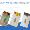 Three anti-scan RFID blocking sleeves for protecting bank cards and IDs shown on a blue background.