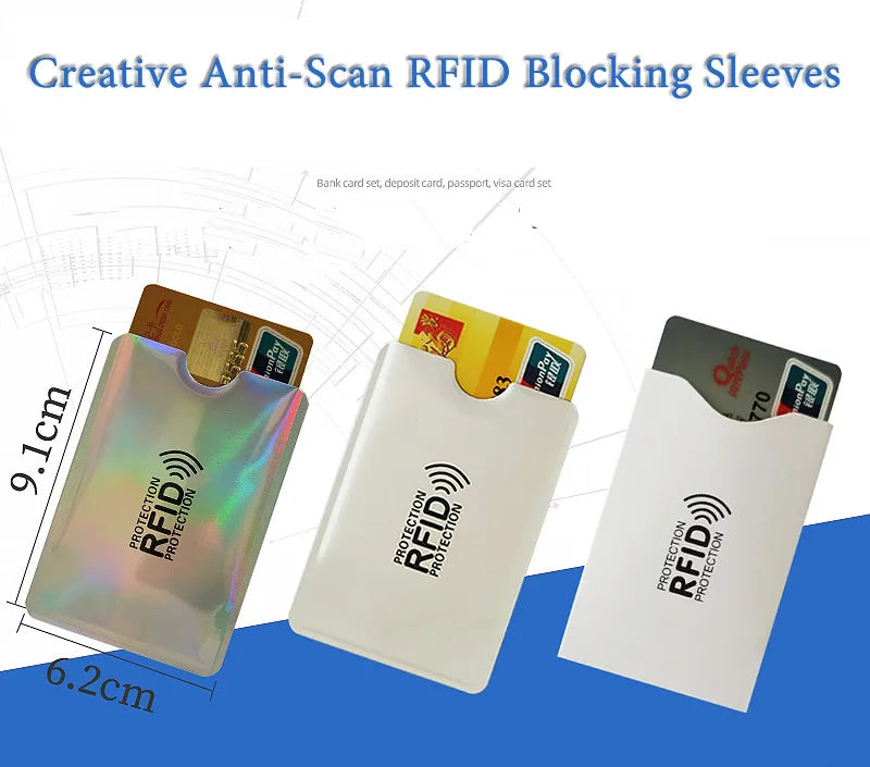 Three anti-scan RFID blocking sleeves for protecting bank cards and IDs shown on a blue background.