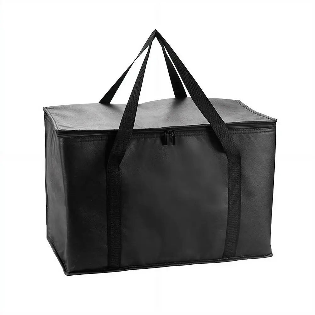 Black reusable insulated cooler bag with black handles and zipper.