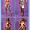 Four models showcasing adjustable PU waist pouches for carnival and festival wear in various colors and styles.