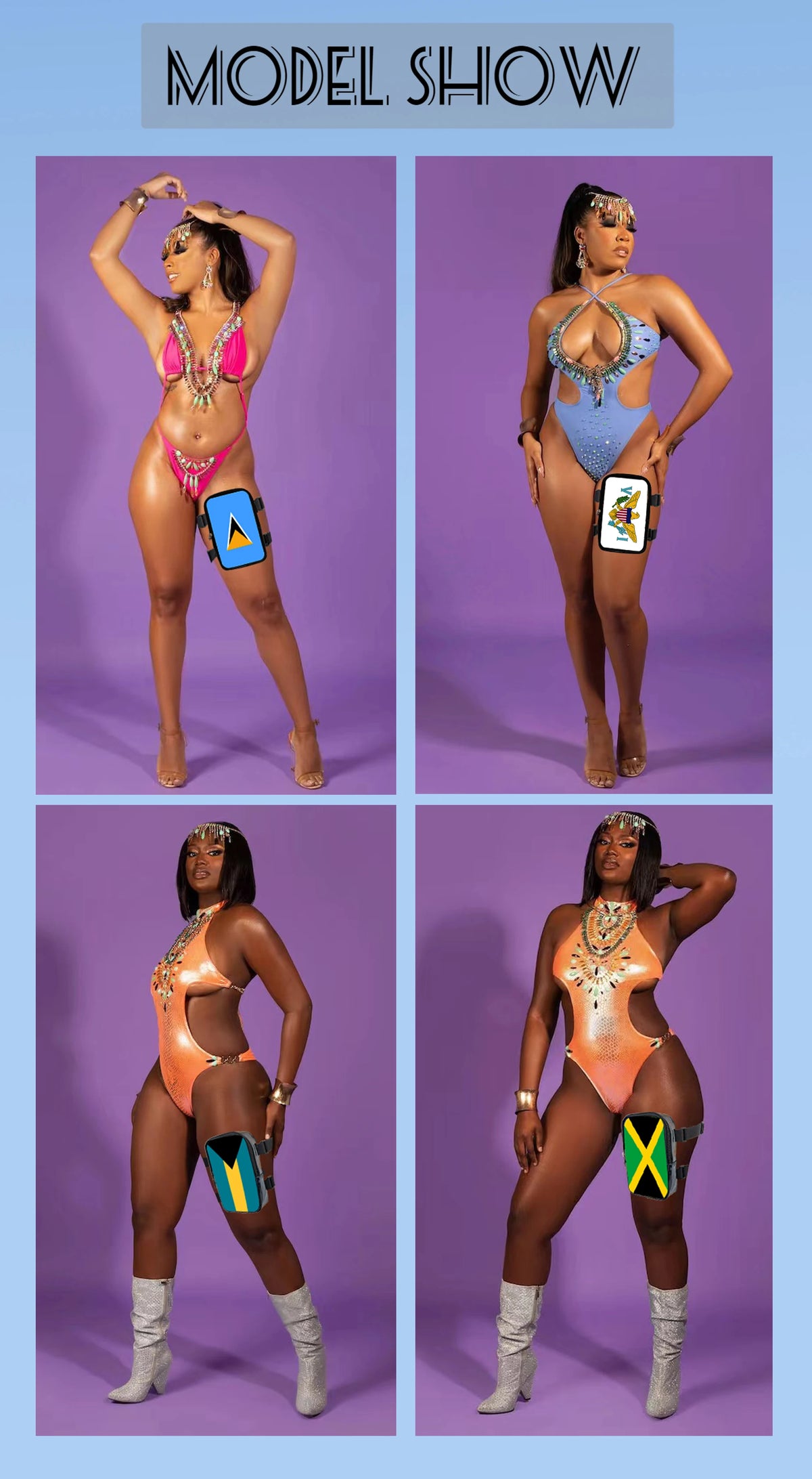 Four models showcasing adjustable PU waist pouches for carnival and festival wear in various colors and styles.