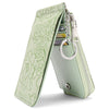 A light green ladies zip coin purse with a silver chain key ring is shown open.
