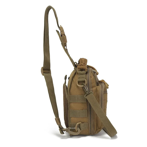 A tan tactical laser perforated crossbody bag with a long strap is shown against a white background.