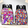 A black backpack featuring a vibrant anime print of various characters and colorful patterns.
