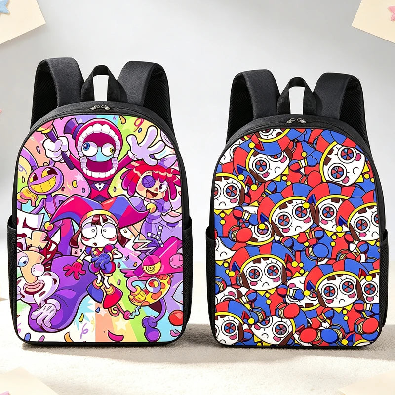 A black backpack featuring a vibrant anime print of various characters and colorful patterns.
