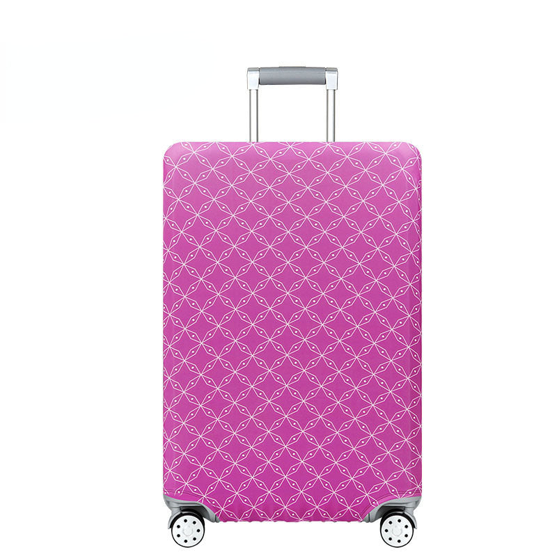 A pink heavy duty luggage protection cover with a diamond pattern and silver handle.