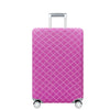 A pink patterned heavy duty luggage protection cover with silver handles and wheels.