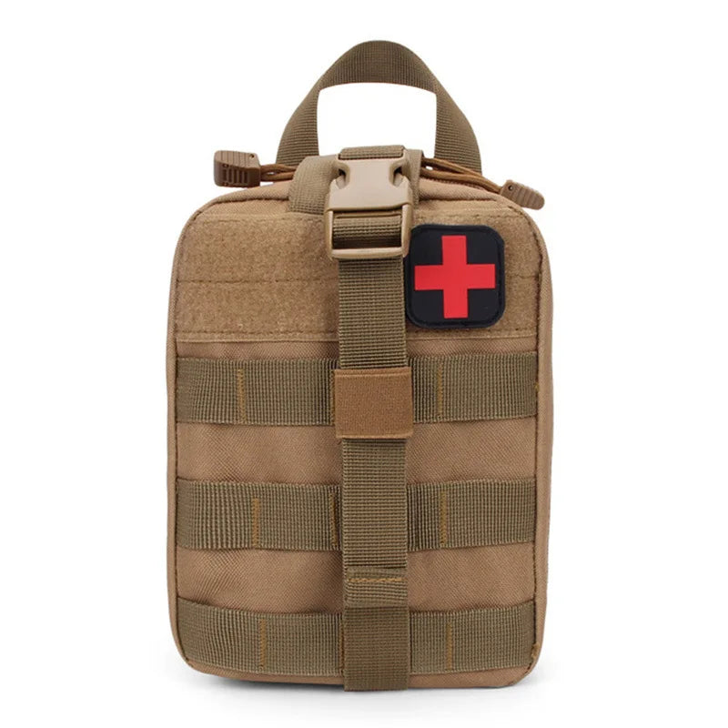 A tan tactical EDC first aid kit with a black cross patch on the front