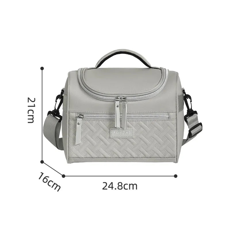 A light gray insulated picnic cooler backpack shown with dimensions 21cm high, 16cm wide, and 24.8cm long.