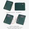 A dark green leather card holder wallet with magnetic slots and a zipper bag shown in multiple views.