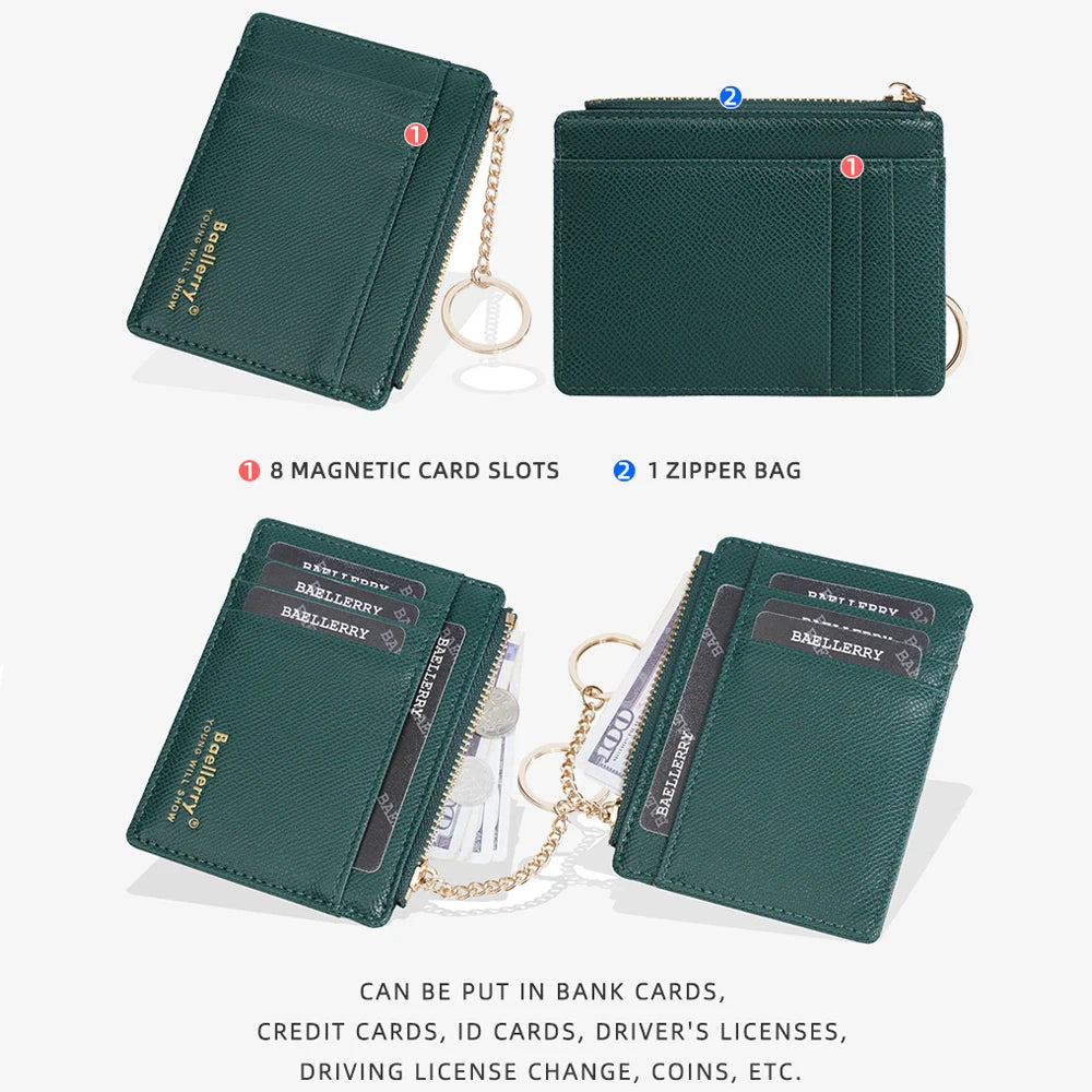 A dark green leather card holder wallet with magnetic slots and a zipper bag shown in multiple views.