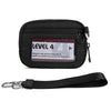 Black Level 4 card holder wallet with an ID window and a black strap
