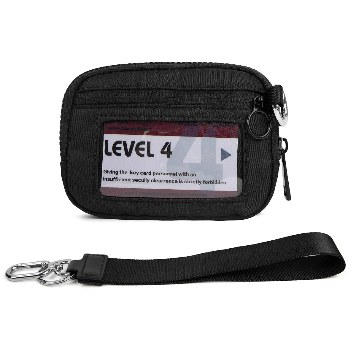 Black Level 4 card holder wallet with an ID window and a black strap