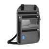 A gray RFID-blocking travel neck wallet with a zippered compartment and adjustable strap.