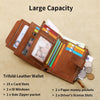 Brown trifold leather wallet showing various card slots and pockets