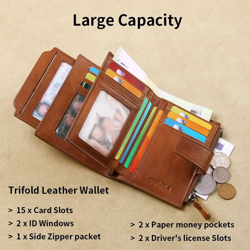 Brown trifold leather wallet showing various card slots and pockets
