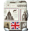 A silver suitcase with a decorative London theme featuring landmarks and the text LONDON SAMPLE TEXT.