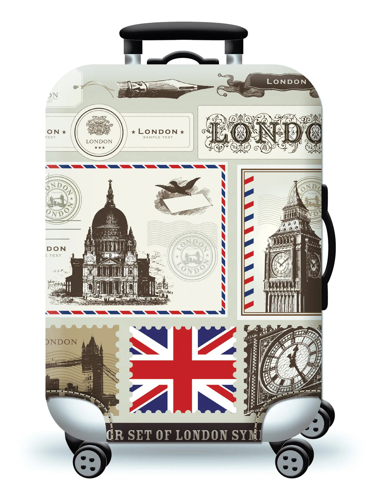 A silver suitcase with a decorative London theme featuring landmarks and the text LONDON SAMPLE TEXT.