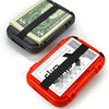 An orange anti-RFID blocking wallet is shown next to a stack of US dollar bills.