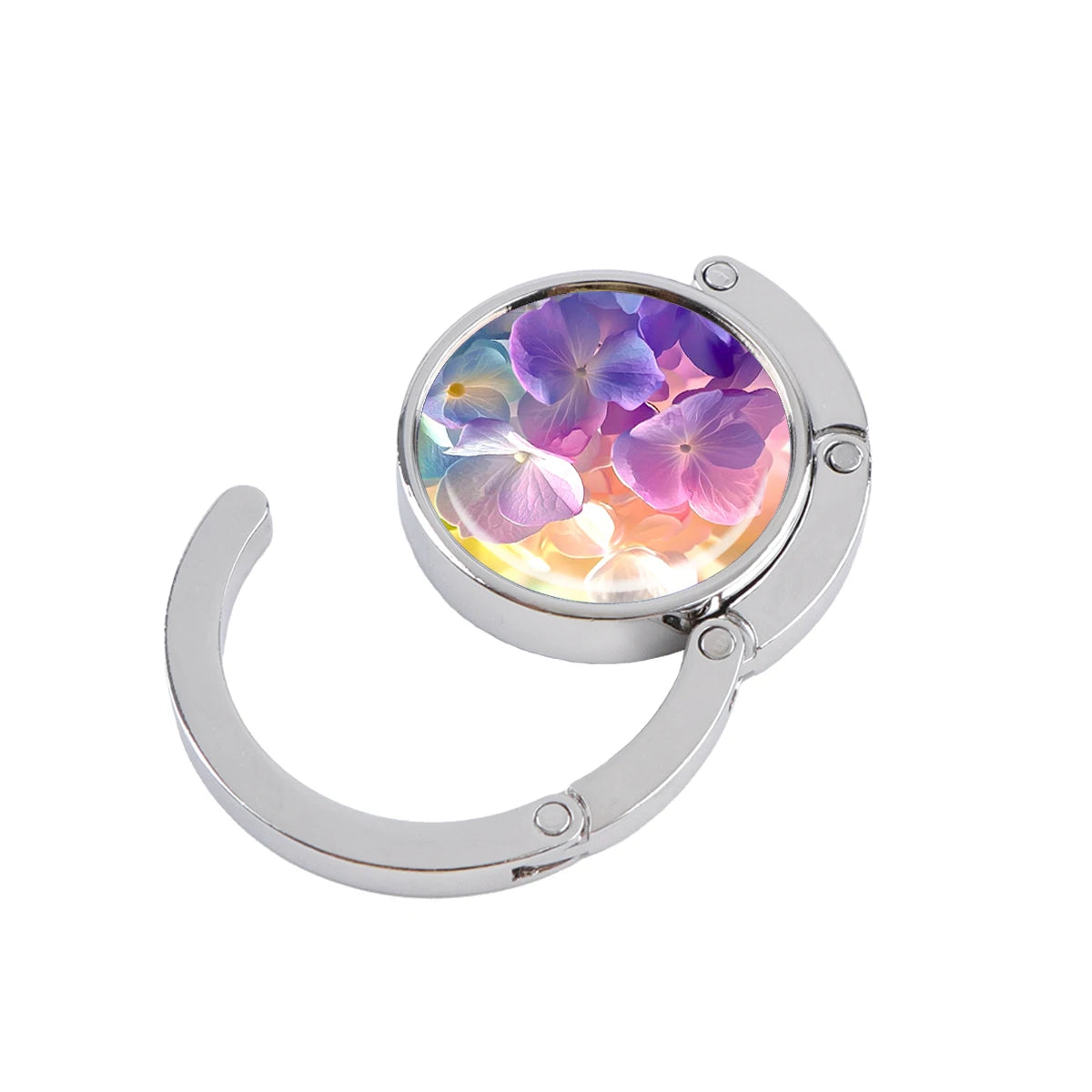 Silver folding table bag hook with a round, iridescent marble-like charm featuring purple and orange flowers.