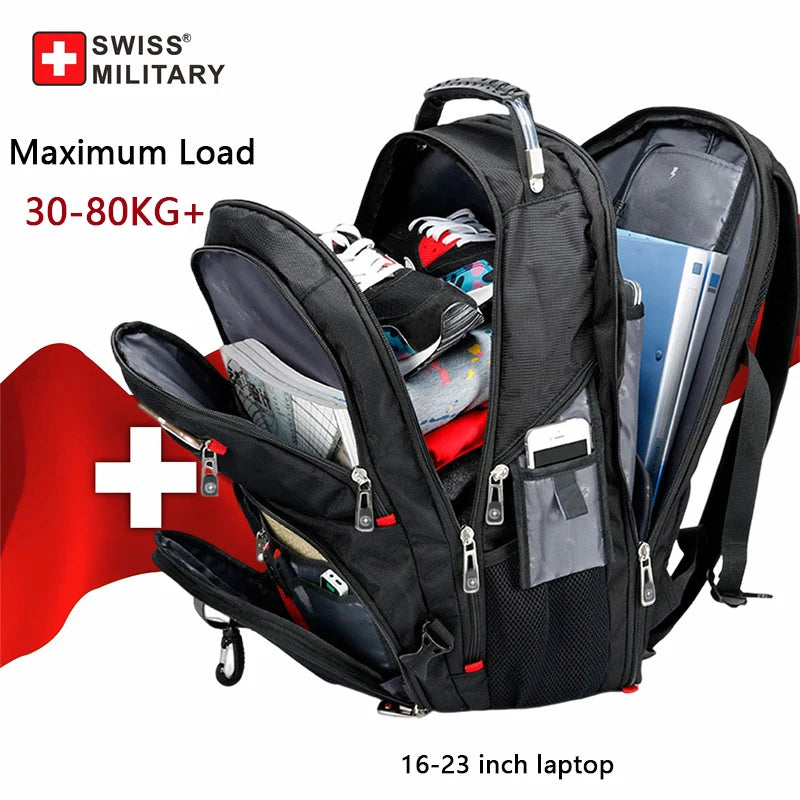 Black Swiss Military laptop backpack designed for maximum load capacity and featuring a USB charging port.