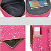 A pink and gray durable canvas student backpack showing the interior, a pocket with a card, and an exterior detail.