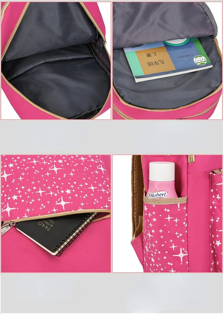 A pink and gray durable canvas student backpack showing the interior, a pocket with a card, and an exterior detail.