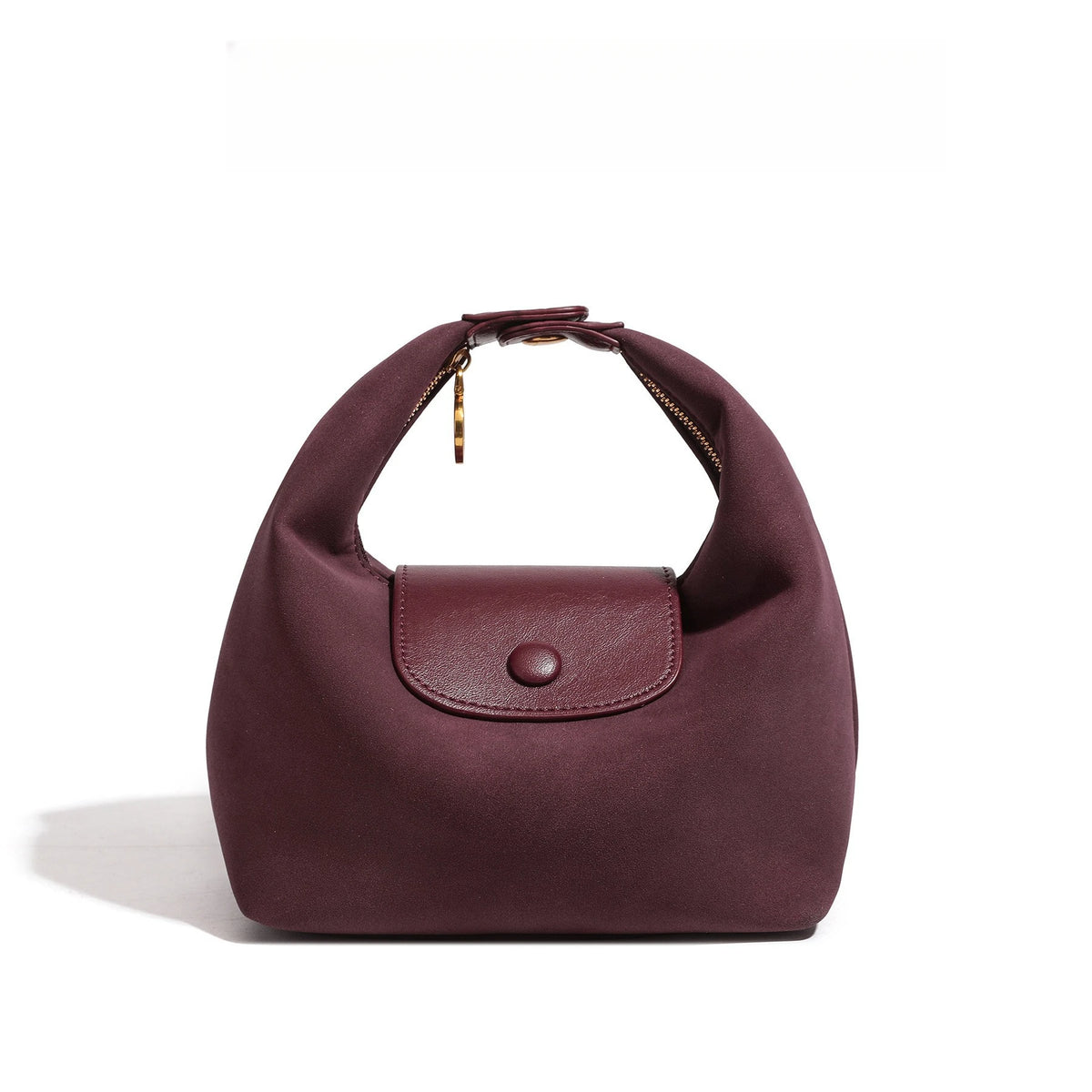 A deep burgundy nylon dumpling crossbody shoulder bag with a brown leather strap and flap.