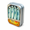A portable metal storage box featuring a print of five blue fish.