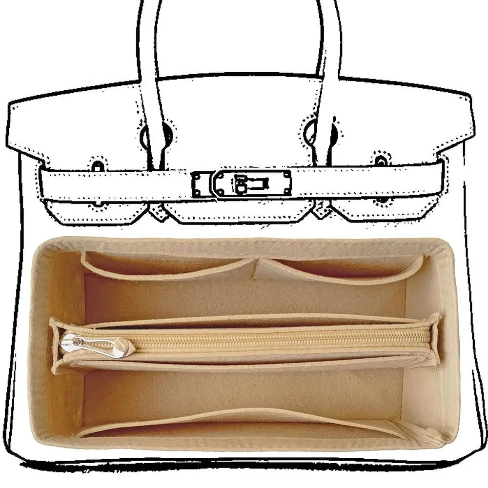 A felt bag organizer insert showing a zippered pocket and a separate slot for storage.