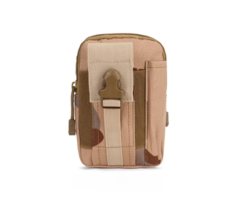 A tan tactical MOLLE waist pouch with a brown camouflage pattern and a dedicated phone pocket.