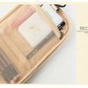 A tan multi-compartment travel pouch with a floral print lining and a white cosmetic item visible.