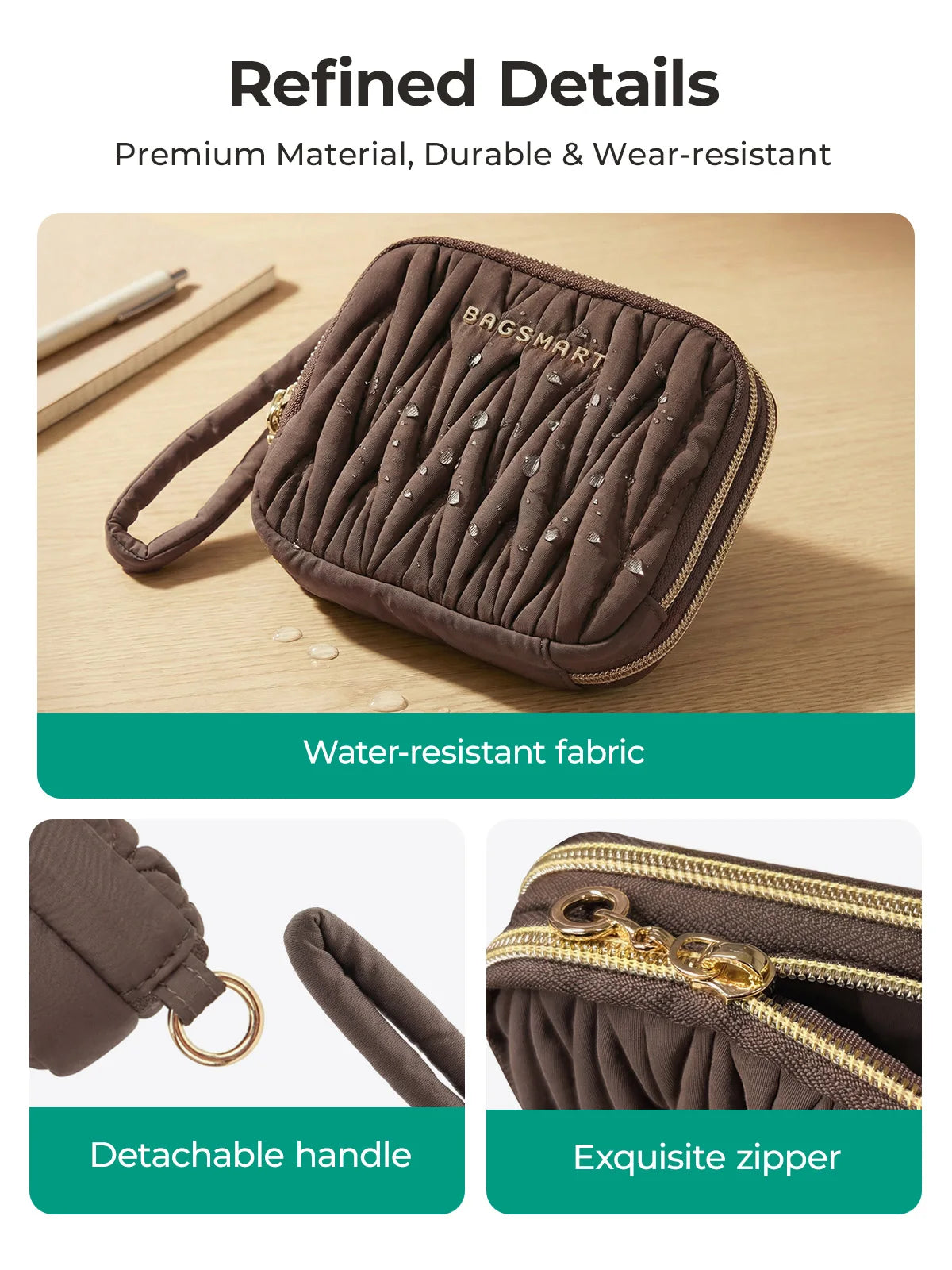 A dark brown Bagsmart coin purse and card holder wallet with a quilted texture, showing its detachable handle and exquisite z