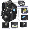 A black durable men's laptop backpack showing various compartments and pockets.