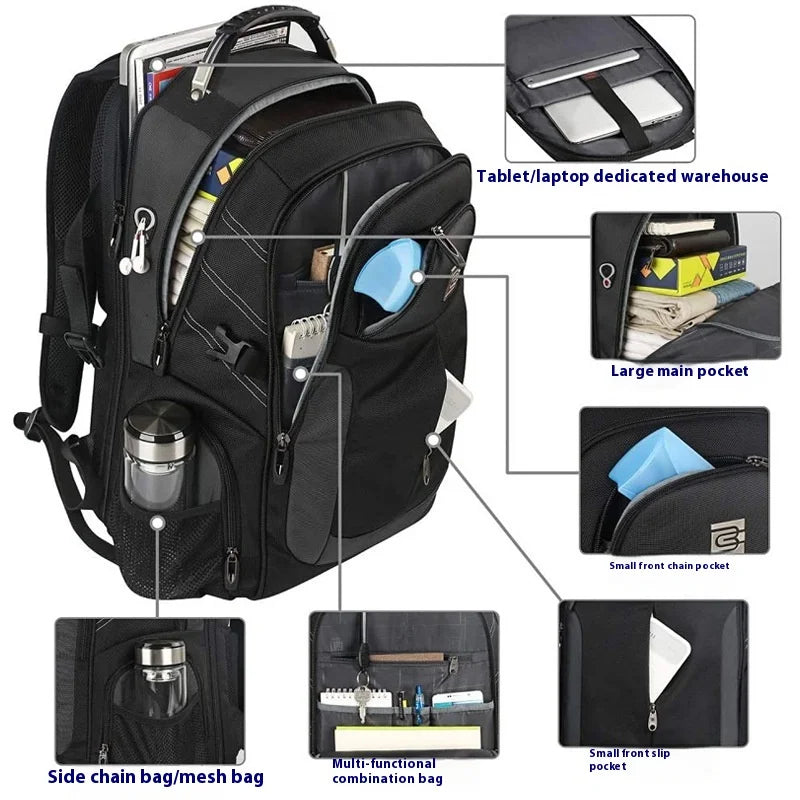 A black durable men's laptop backpack showing various compartments and pockets.