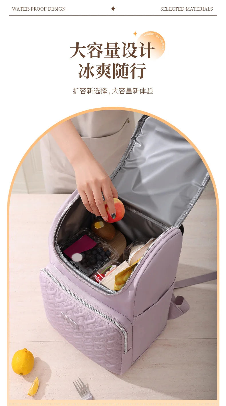A person is opening a light purple insulated picnic cooler backpack, revealing various items inside.