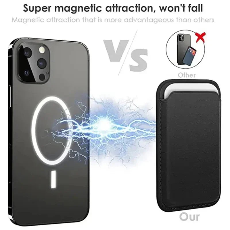 A black MagSafe leather card wallet shown next to an iPhone, demonstrating magnetic attraction.