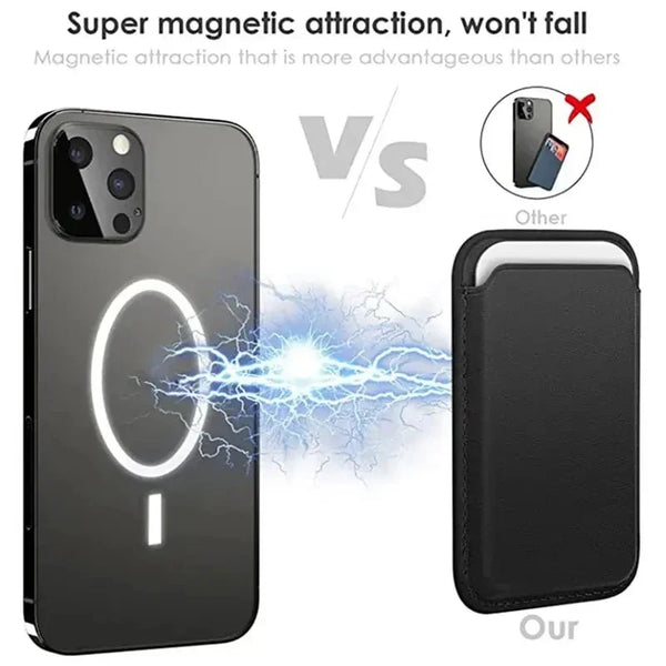 A black MagSafe leather card wallet shown next to an iPhone, demonstrating magnetic attraction.