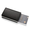 A black minimalist RFID blocking wallet with a textured surface and a silver trim.
