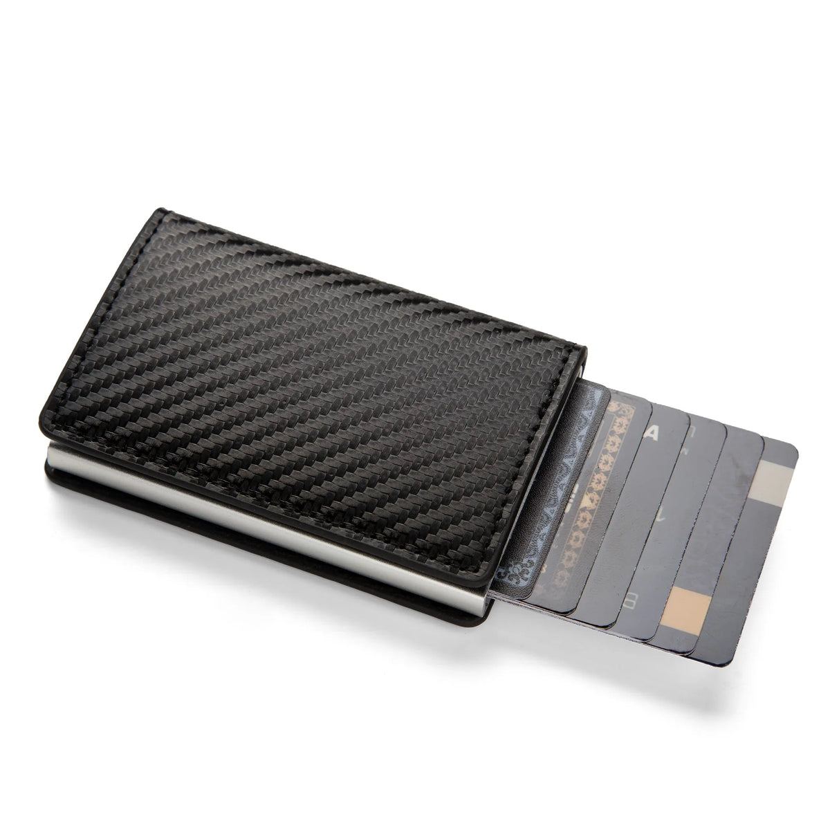A black minimalist RFID blocking wallet with a textured surface and a silver trim.