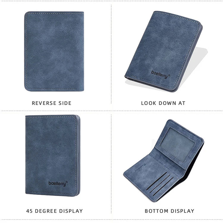 A blue leather bifold wallet shown from the reverse side, look down at, 45 degree display, and bottom display.