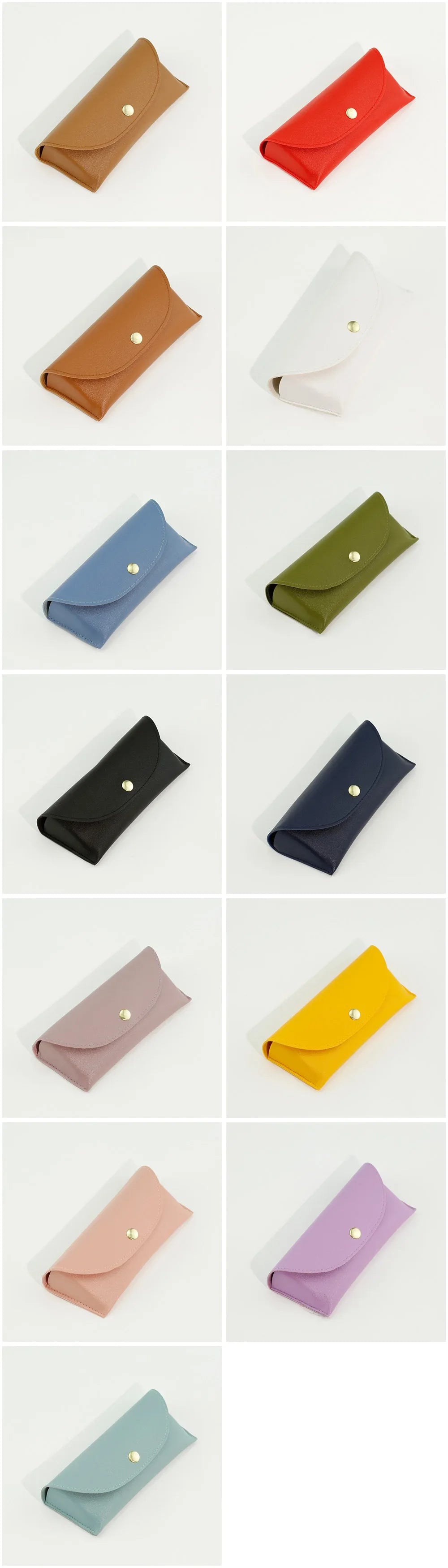 A collection of PU leather hard shell sunglasses cases in various colors including brown, red, beige, blue, black, olive gree