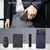 A black minimalist magnetic card holder wallet shown next to a smartphone and various sizes.