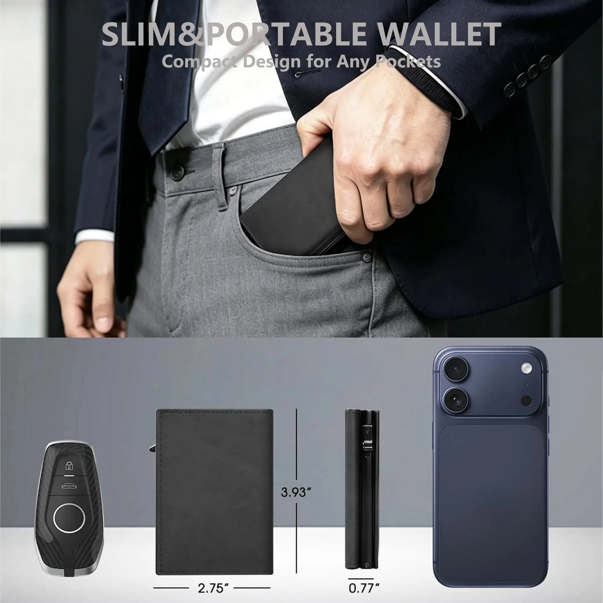 A black minimalist magnetic card holder wallet shown next to a smartphone and various sizes.