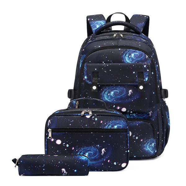 Navy blue kids backpack set featuring a galaxy print with stars and planets